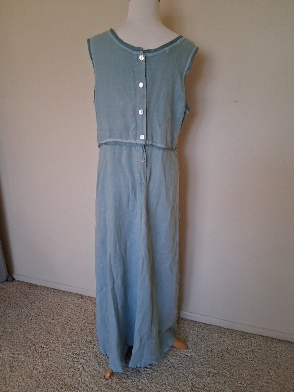 Cut Loose L Aqua Linen Maxi Column Dress Empire Waist Back Buttons